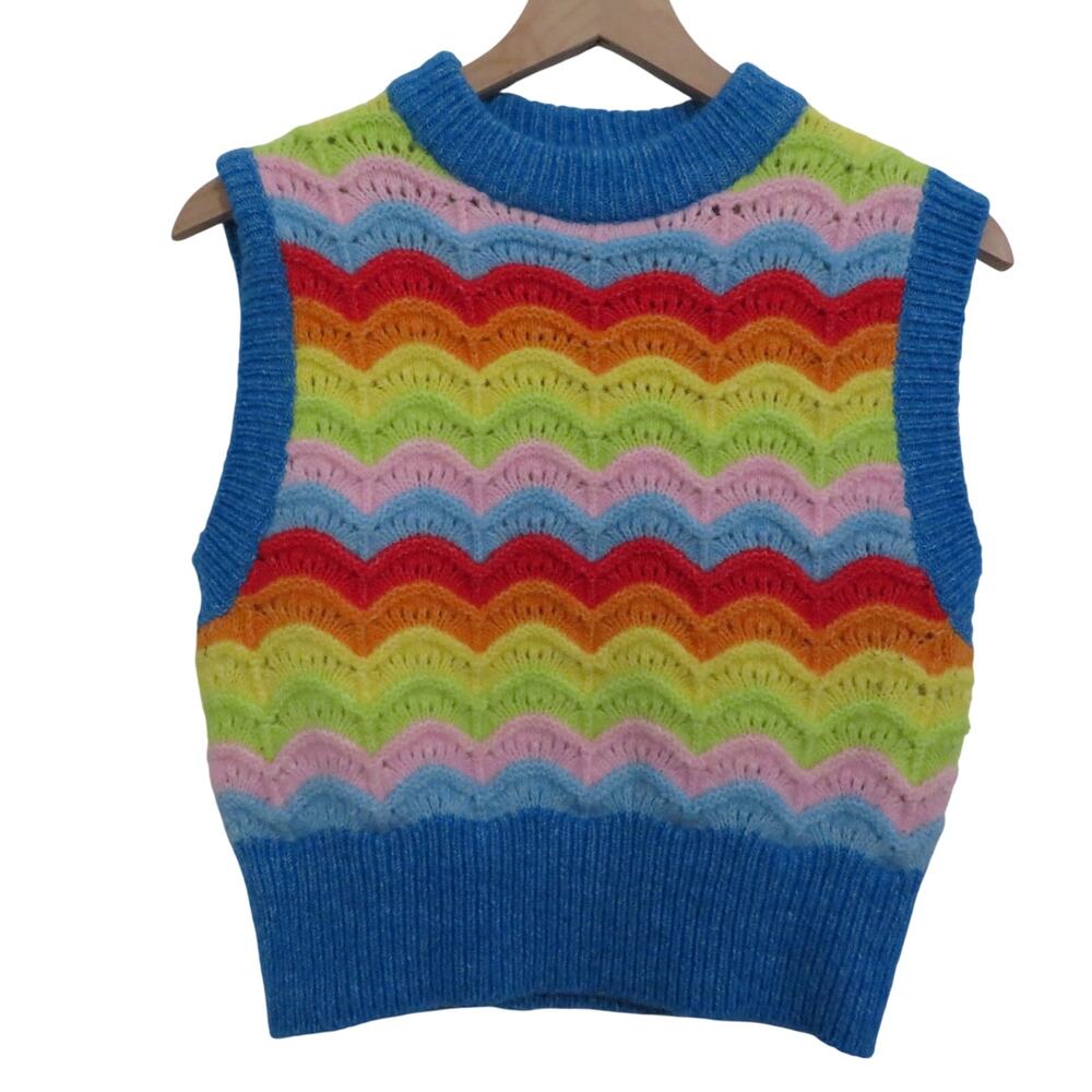 Zara Womens Sz S Rainbow Crochet Scalloped Vest Wool Alpaca Blend Sleeveless